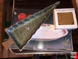 Holiday Decor - tree shaped metal dish, oval serving platter and 6 coaster set in holder, new in box