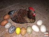 Home Decor - Wooden hen dish and 10 eggs