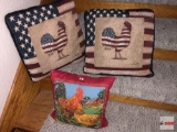 Home Decor - 3 throw pillows, 2 tapestry US Rooster/flag motif & double sided design rooster/hen