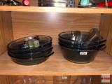 Glassware - 6 vintage Pyrex glass sauce pans with 4 detachable handles