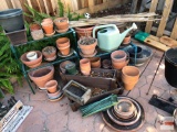 Yard & Garden - lg. lot Terra Cotta planter pots, wire stands, watering can etc.