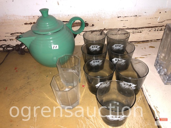Fiesta green teapot and misc. rock glasses