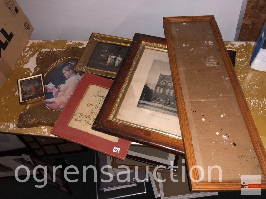 Artwork - 6 misc. decor and frames, vintage Chicago Veterinary College picture