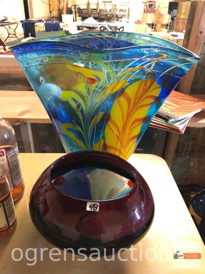 Art Glass - 2 as is vases - 9.5Wx6.5"h dark red/blue(chip on inside rim) & 17"wx8"wx15"h blue/yellow
