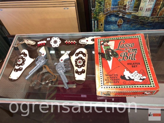 Vintage Pistol set & Spur- Lasso 'em Bill Holster set in orig box, Keyston Bros. San Francisco #122