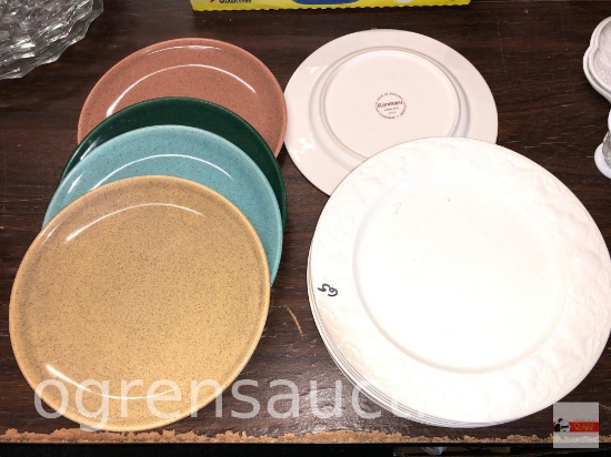 Dish ware - 14 Plates - 10 Ranmaru stoneware Orchard relief white plates 10.5"w & 4 Holiday pottery