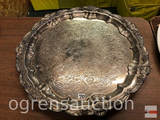 Serving ware - Lg. round silver plated ornate scalloped footed tray, 16.5"w