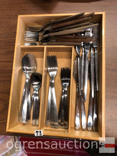 Flatware - Wooden tray with Ikea flatware set and misc. extra sets