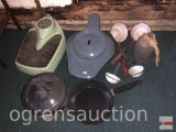 Granite ware bed pan, dishes, vintage scale (heavy) etc.