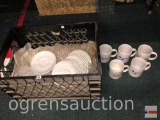 Restaurant ware dishes - crate full of Rego porcelain saucers and 5 misc. coffee mugs