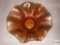 Carnival Glass - marigold ruffled edge, raised base candy dish, iridescent