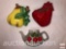 Kitchen decor - 3 ceramic wall pockets, fruit and teapot