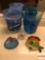 Vanity decor - Fish motif - 2 waste cans, soap dish, art glass fish figure & blow fish wall accent