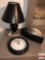 Decor - Sm. black table lamp, Alarm/clock radio and Wall clock