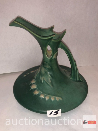 Roseville pottery - Bleeding Heart 1940 ewer, #968.6, green, 6.25"h