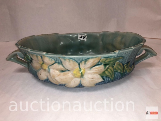 Roseville Pottery - 1944 Clematis console bowl, #458-10 blue, 14"wx7"dx3.5"h