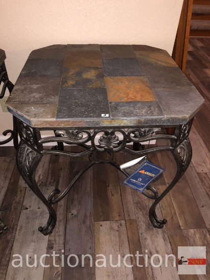 Furniture - Ashley World Class occasional collection, slate top iron end table, 26"wx26"wx28.5"h