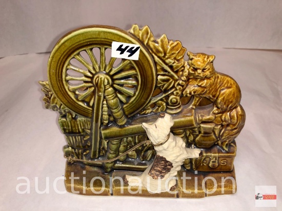 Pottery - McCoy spinning wheel w/cat/dog planter