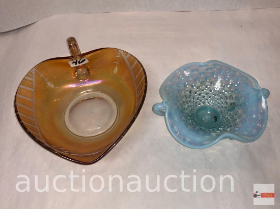 Glassware - 2 - blue hobnail opalescent double handled candy dish & brown art glass nappy candy dish