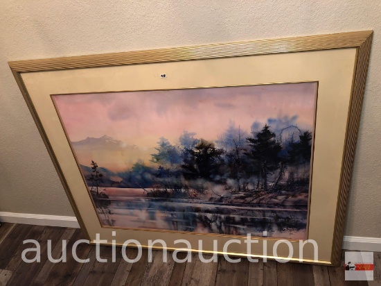 Artwork - "With A Little Patience" Fishing scene, large golden framed and matted, 52.75"wx42.25"h