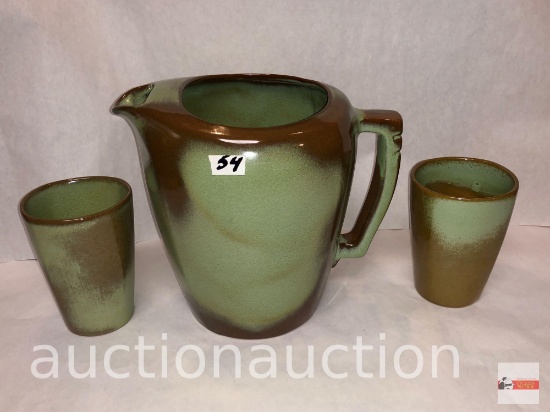 Frankcoma pottery - 3 pcs. Pitcher and 2 tumbles, green/brown Ada clay, prior to 1955