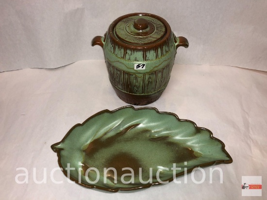 Frankcoma pottery - 2 items, barrel pot w/lid and leaf dish, green/brown Ada clay, prior to 1955