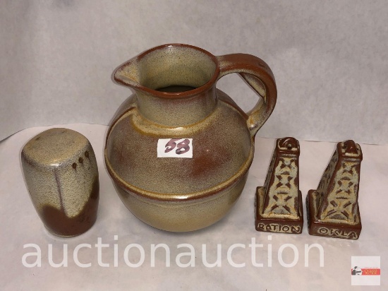 Frankcoma pottery - 4 items, pitcher, lg. salt shaker & pr. oil rig salt/pepper shakes, brown/beige
