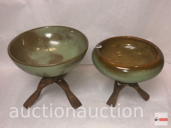 Frankcoma pottery - 2 Bowls, green/brown #224 & #212