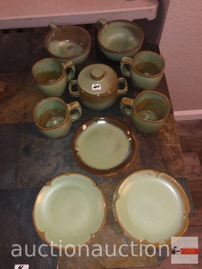 Frankoma pottery - 14 pcs., green/brown, dessert plates, mugs, soup bowls, covered sugar