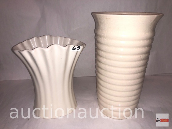 Art Pottery - 2 - white vases, Bauer fluted 7.5"h, cylinder ringed vase 10"h