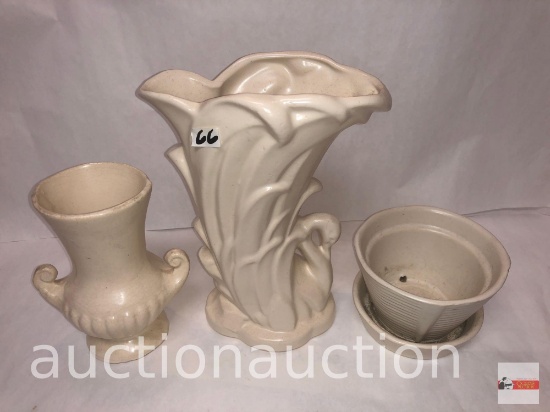 Pottery - 3 McCoy - 2 vases 6"h and cornucopia vase 9"h and 1 planter 3.25"h, white