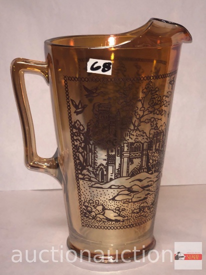 Carnival glass transfer ware water pitcher, pinched lip, monastery scene10"h