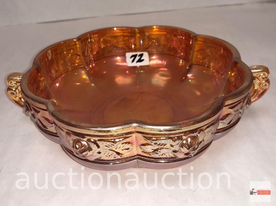 Carnival Glass - Marigold candy dish, Aztec rose pattern, scalloped bowl w/handles 8"w, Jeannette