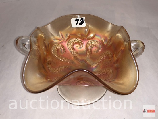 Carnival Glass - Duncan question marks, candy dish, pedestal double handled, 6.5"wx4"h