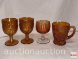 Carnival Glass - 4 Glassware - 1 mug, 2 grape motif goblets, 1 ribbed stem