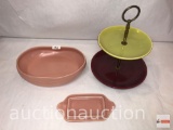 Pottery - 3 Bauer serving items - Bowl, butter dish, tiered server