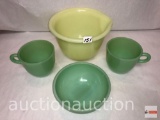 Vintage kitchen glassware - 3 Jadeite and 1 Hamilton Beach yellow glass mixing bowl w/pour side