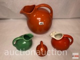 Kitchen ware art pottery - Orange Ball pitcher, 2 ball creamers and 1 salt shaker