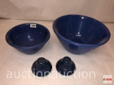 Ceramic Pottery Blue ring ware kitchen dishes, 2 mixing bowls and Pr. salt/pepper shakers