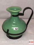 Ceramic pottery ewer in metal pour holder, green