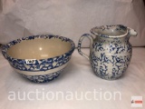 Pottery kitchenware - 2 blue/white sponge ware, pitcher w/pinched lip, signed & mixing bowl