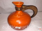 Bauer Pottery orange ewer w/wooden pour handle