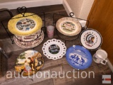 Oklahoma collectibles - 7 collector plates, 1 mug, 1 glass and 2 wire plate stands