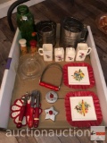 Kitchen collectibles - sifters, spice jars, utensils, trivets, dough kneader, cookie cutters etc.