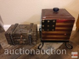 2 Decor accent boxes - 1 treasure chest, 1 Americana motif in metal stand