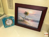 Artwork - Signed Davis oil painting and blue glass Seiko quartz dresser clock