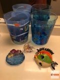 Vanity decor - Fish motif - 2 waste cans, soap dish, art glass fish figure & blow fish wall accent