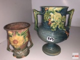 Roseville Pottery - 2 As is, chipped, #156-6 1941 Bushberry vase, Blue & #57-4 1942 Peony vase