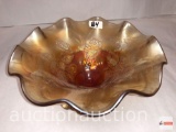 Carnival Glass - Marigold ruffled edge, triple footed, Duncan cherry pattern candy dish