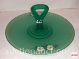 Glassware - Green frosted hand painted single knob handle petit four/appetizer server, golden rimmed